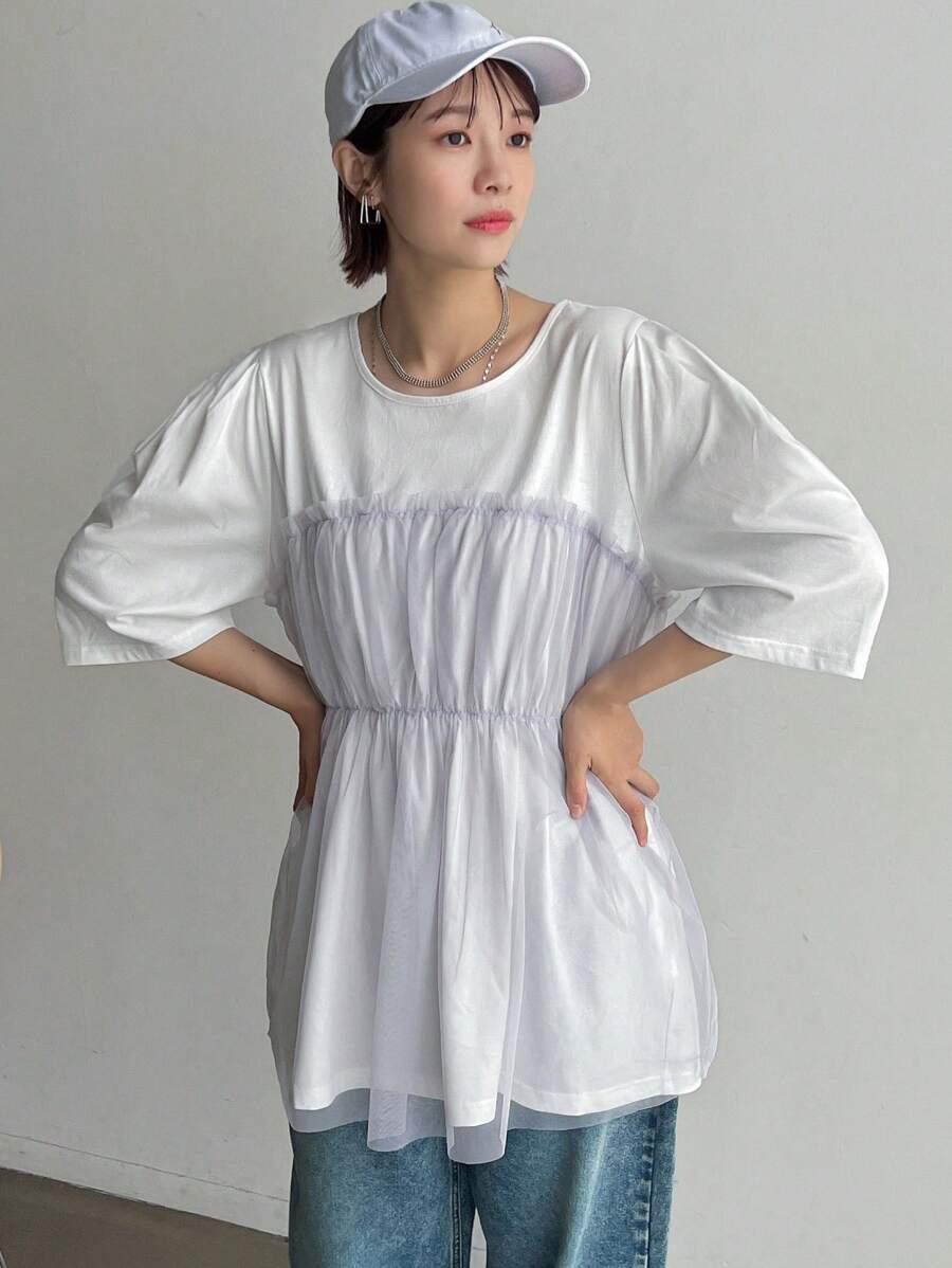 FRIFUL Women's Fashionable Summer Loose Mesh Splicing T-Shirt,Ruffle School - Grey - View 1