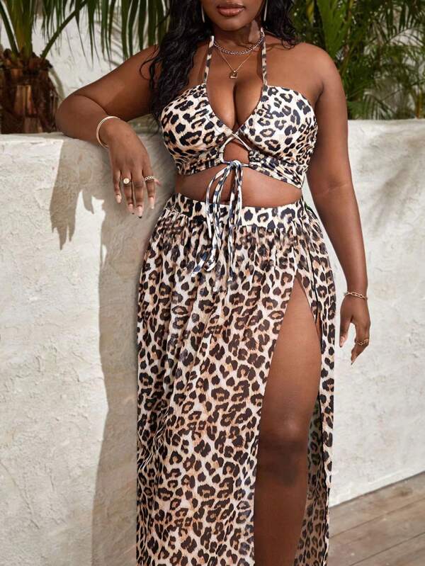 SHEIN Slayr 2025 New Year Party Inclusive Adjustable Sexy Animal Pattern Plus Size 3pcs Bikini Swimwear Summer
