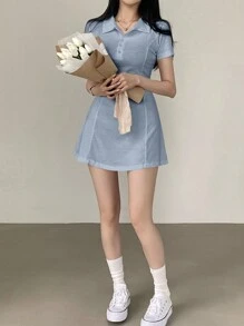 DAZY Vestido corto de verano para mujer de manga corta y unicolor con decoración de botón, vestidos casuales para mujer