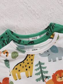 SHEIN 4入組嬰兒男寶寶合身可愛動物圖案短袖t恤,短褲和睡衣套裝