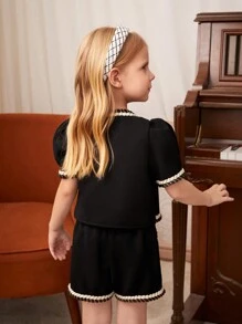 SHEIN 2pcs/Set Young Girl Puff Sleeve Top With Decorative Tape & Double Breasted Buttons, And Decorative Tape Shorts, Suitable For Parties, Summer