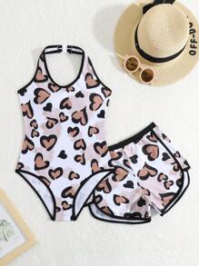 SHEIN Tween Girl Beach Heart Print Halterneck One Piece Swimsuit With Cover-Up Shorts And Top 2pcs Set, Summer