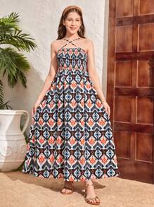 SHEIN 少女不对称印花无袖连衣裙配短袖夹克，长款度假 2 件套