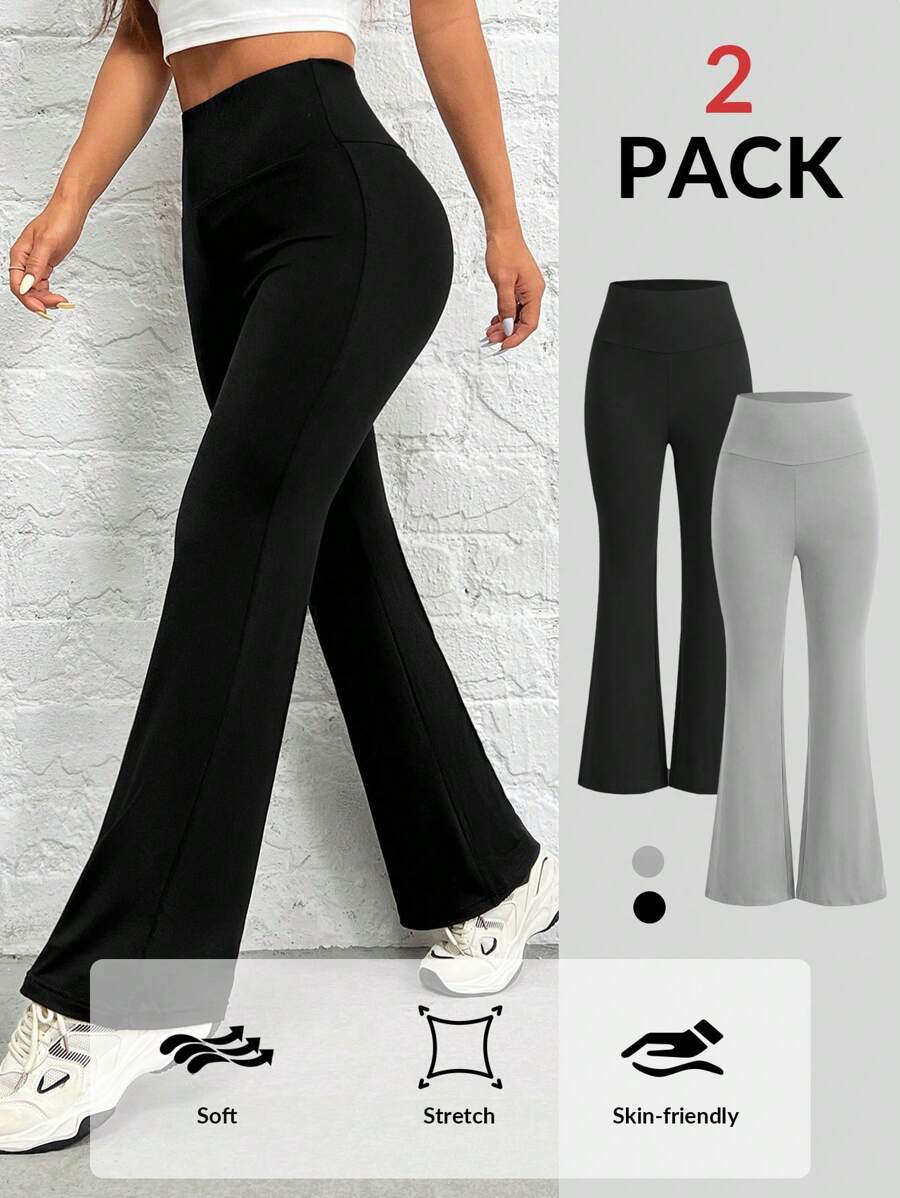 SHEIN PETITE 2 piezas Pantalones acampanados de cintura alta, elásticos, de color negro y gris, para mujer - Multicolor - Ver 1