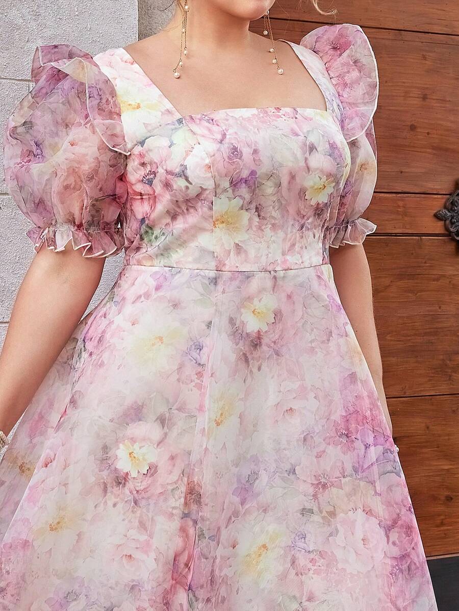 SHEIN Belle Váy xòe xẻ tà cao tay công chúa họa tiết hoa hồng lãng mạn cỡ lớn nhiều lớp, thanh lịch và ngọt ngào, phù hợp cho kỳ nghỉ và sự kiện trang trọng, váy dạ hội dự tiệc cưới, dự tiệc tốt nghiệp, tiệc tối - Nhiều màu - Xem 1