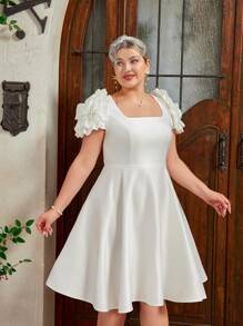 SHEIN Belle Plus Size White Exaggerated Cubic Flower Shoulder Decoration Tutu Princess Dress Elegant Simple Bridal Wedding Gift Cocktail Dresses - White - View 7