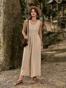 LanaWest Bộ áo liền quần không tay thêu hòa tan trong nước chắp vá, phong cách đi nghỉ - Màu Khaki - Xem 3