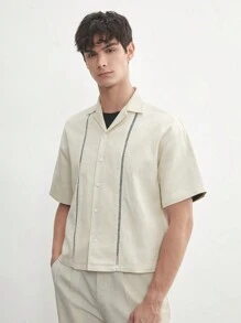 AKNOTIC Business Casual Cotton Men's Solid Color Camp Collar Loose Fitting Drop Shoulder Jacket, Suitable For Summer - Beige - View 7