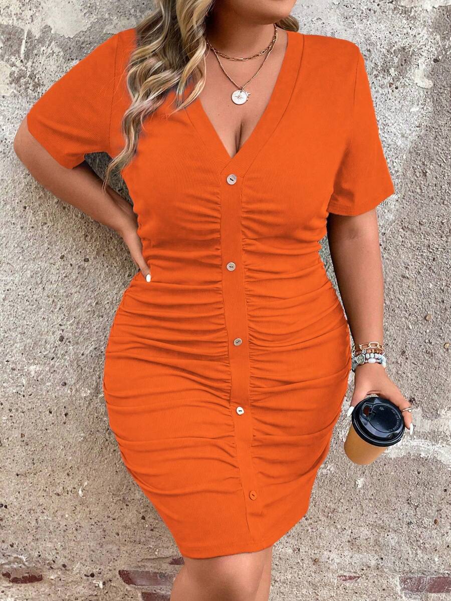 Calvaya Plus Size Women's Summer Solid Color V-Neck Short Sleeve Pleated Button Decorated Bodycon Dress - Orange - View 1