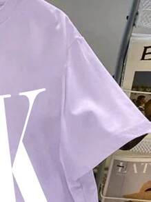 SHEIN Teen Girl Summer Tops, Casual Fun English Letter Printed Knit Oversized Lilac T-Shirt, Summer Outfits