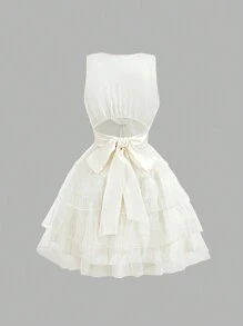 SHEIN MOD French Style Satin Bowknot Sleeveless Mini Dress, Cut Out Tiered A-Line Princess Dress, Graduation Party - White - View 2