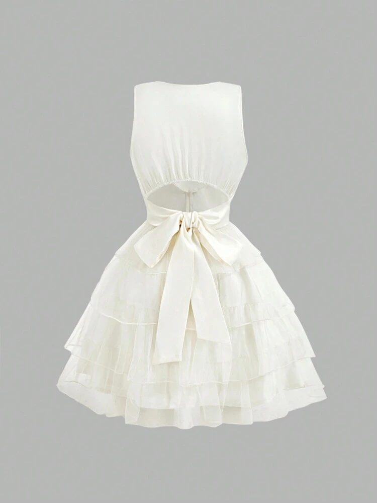 French Style Satin Bowknot Sleeveless Mini Dress, Cut Out Tiered A-Line Princess Dress, Graduation Party