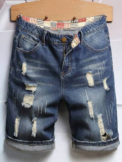 Manfinity Homme 男士纯棉破洞猫抓纹牛仔短裤纯色深蓝色外出复古朋友男士短裤牛仔裤