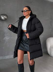 EURMUSE Chaqueta de invierno acolchada con capucha de alta calidad con cremallera y dos bolsillos delanteros de Essence - Negro - Ver 3