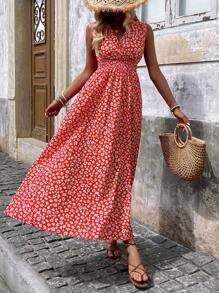 SHEIN LUNE Red Ditsy Floral V-Neck Sleeveless Dress - Red - View 3