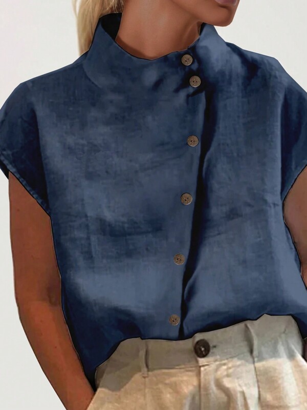 EMERY ROSE Mujeres Camisa de verano con cuello alto, manga corta con botonadura diagonal