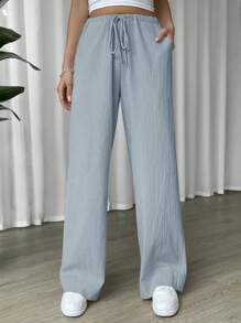 SHEIN EZwear 實色束口休閒長褲，帶口袋 - 淺藍色 - 查看 5