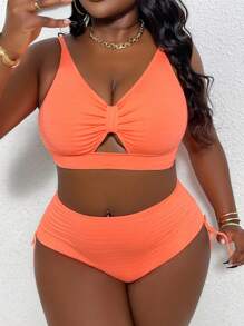 Slaydiva Conjunto de bikini de unicolor plisado de talla grande para playa de verano - Naranja Quemada - View 1