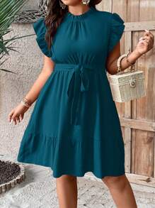 Vestido diario sencillo de unicolor para mujeres de talla grande, vestido de vacaciones de color azul verdoso, vestido casual verde, vestido de verano para mujeres - Neblina azul - Ver 3