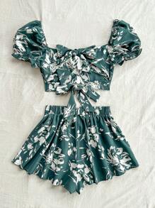 Soleia 暑假女士休閒綠白花卉印花瑞士點拧前泡泡袖系帶後扣短上衣和短褲 - 彩色 - 查看 2