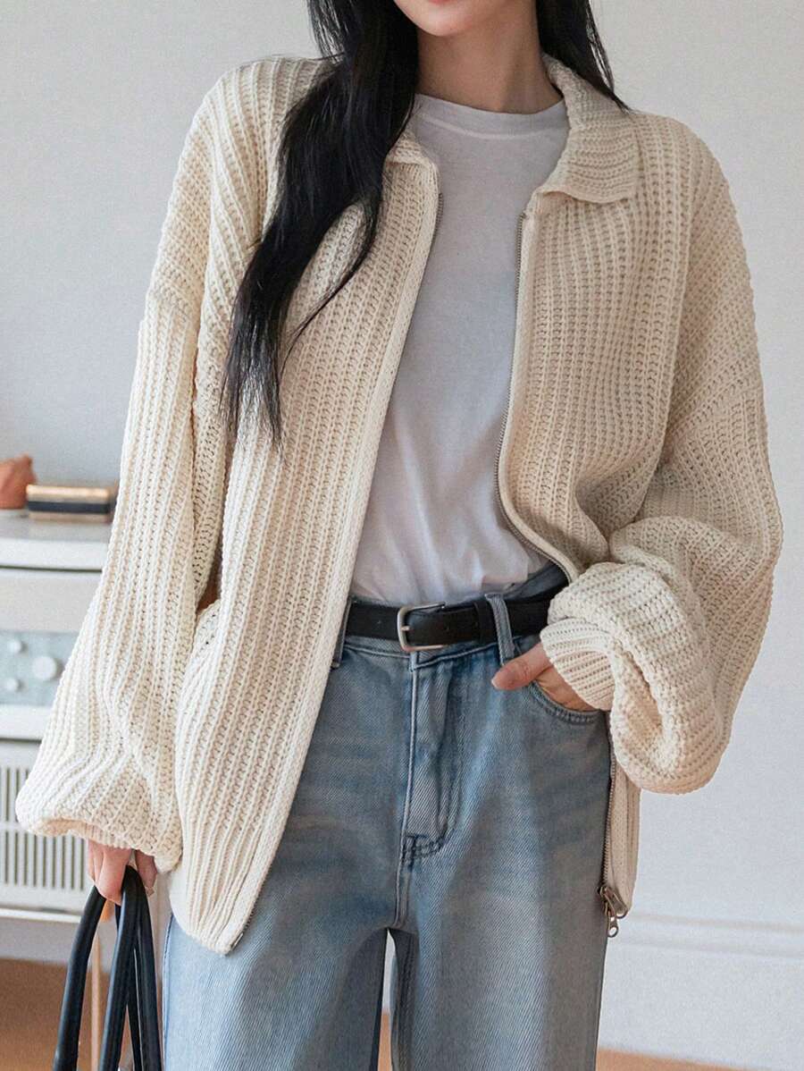 DAZY Lantern Sleeve Drop Shoulder Zip Up Cardigan - Beige - View 1