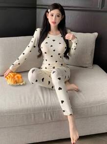 DAZY Women's Heart-Shaped Slim Fit Round Neck Long Sleeve Tee And Pants Comfortable Pajama Set - Beige - View 6