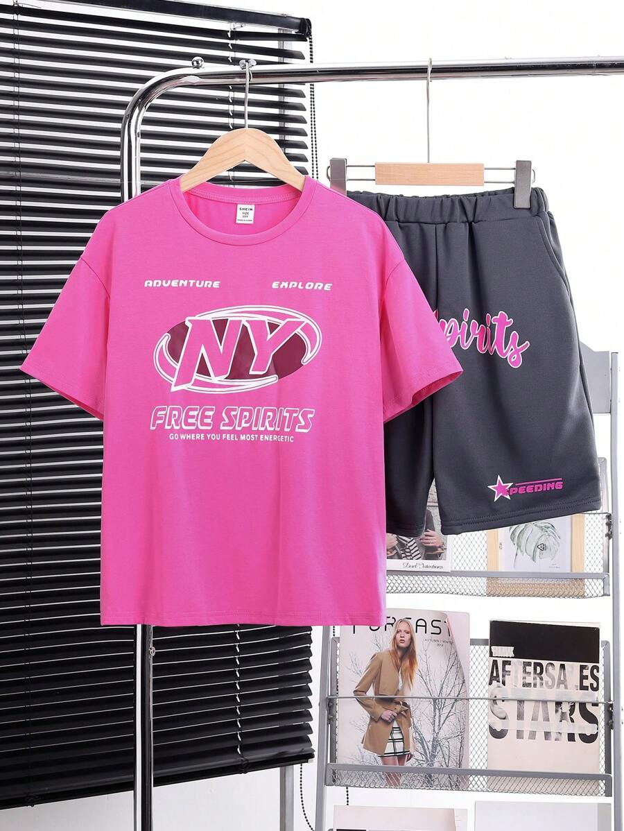 SHEIN Tween Boy Loose Fit Slogan Graphic Drop Shoulder Tee & Shorts - Pink - View 1