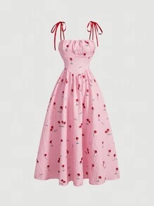 SHEIN MOD Vestido Longo Feminino com Estampa de Cereja - Rosa chiclete - Visão 1