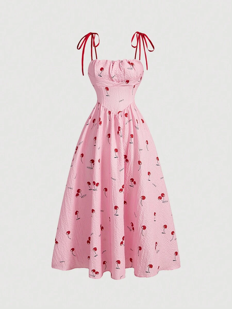 SHEIN MOD Vestido Longo Feminino com Estampa de Cereja - Rosa chiclete - Visão 1