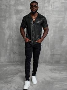 SLATEMANN Áo sơ mi nam tay ngắn trơn họa tiết cá sấu thường ngày cho mùa hè, bạn bè, đi chơi - màu đen - Xem 5