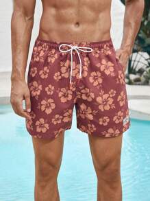 Manfinity VDAYZ Men's Beach Shorts Couples Matching Swimwear Drawstring Waist Front Tie Pocket Floral Print Beach Vacation Hawaiian