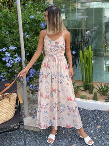 DAZY 女士蝴蝶印花简约日常吊带连衣裙，荷叶边度假装女式长裙 - 粉色 - 查看 5