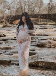 Robe de maternité à col en V en dentelle pour la photographie, la baby shower, les occasions spéciales, les robes de plage avec manches longues, pour la séance photo