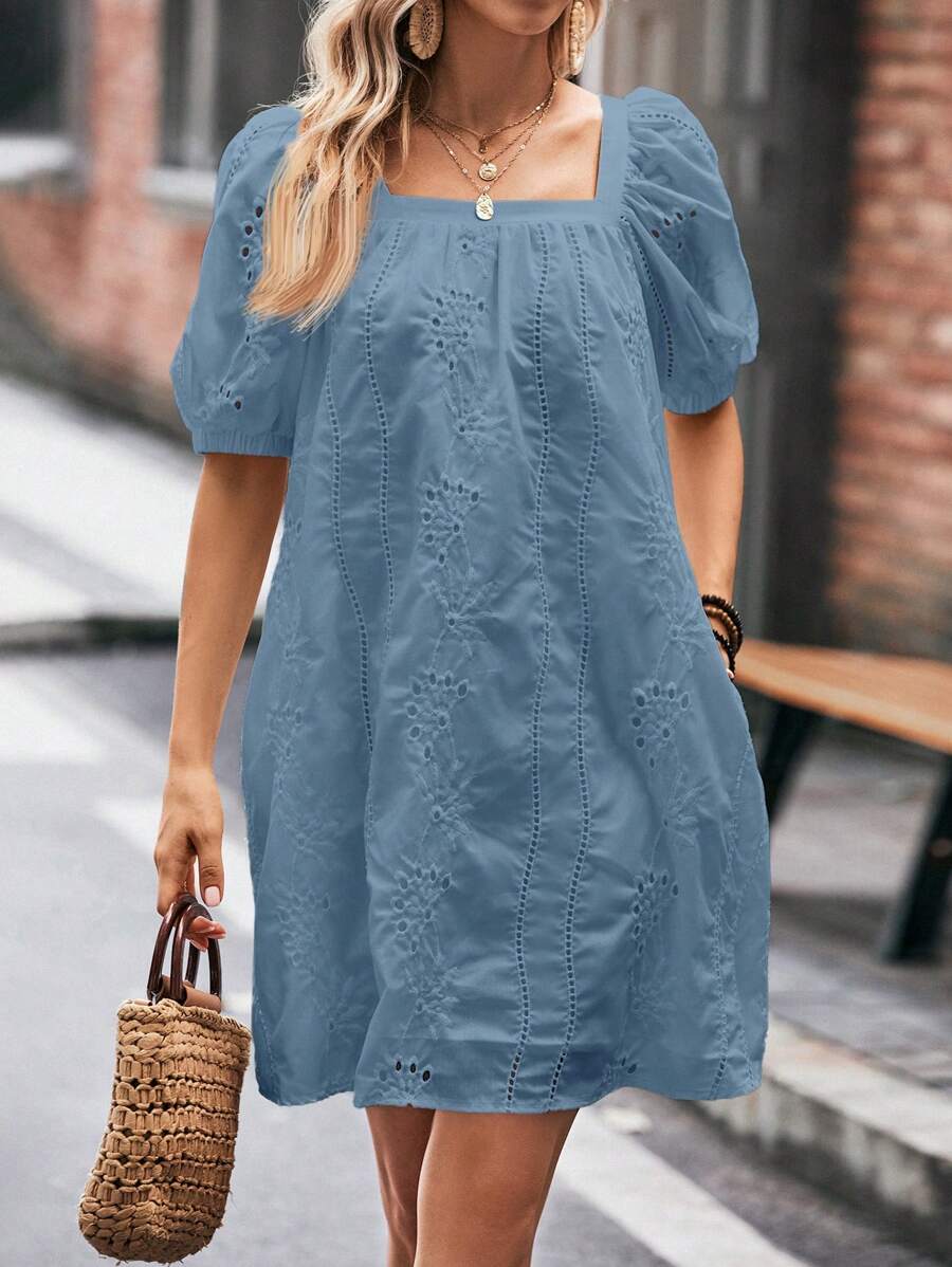 SHEIN LUNE Đầm tay phồng cổ vuông in màu đơn giản thời trang cho nữ - Màu xanh lam - Xem 1