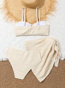 少女夏季纯色纹理两件套比基尼套装带裙罩夏季海滩