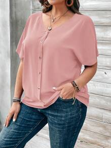 EMERY ROSE Plus Size Women's Orange Button Embellished Short Sleeve Shirt For Spring - Pink - View 4
