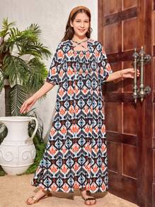 SHEIN 少女不对称印花无袖连衣裙配短袖夹克，长款度假 2 件套