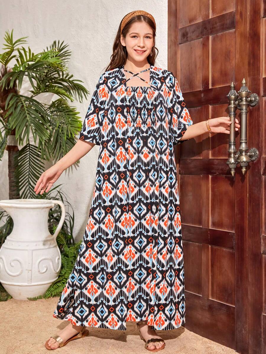 SHEIN 少女不对称印花无袖连衣裙配短袖夹克，长款度假 2 件套