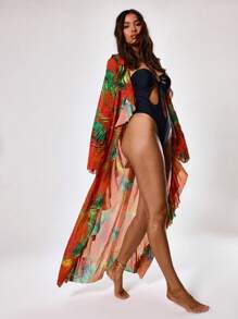 Musera Resort Cubrecosturas con detalle de volantes estampados para playa y resort de verano - Multicolor - Ver 3