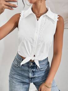 SHEIN Essnce Đơn giản dành cho nữ màu trơn đơn giản hàng ngày không tay Áo ba lỗ công sở Áo sơ mi giáo viên Áo sơ mi phối ren Áo sơ mi trắng Công sở dành cho nữ thường ngày Quần áo giáo viên cho mùa hè - trắng - Xem 3