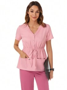 TaskEZ 女士啞面上衣-粉色V領啞面上衣，短袖V領護士制服，帶2個口袋的現代剪裁啞面上衣 - 粉色 - 查看 8