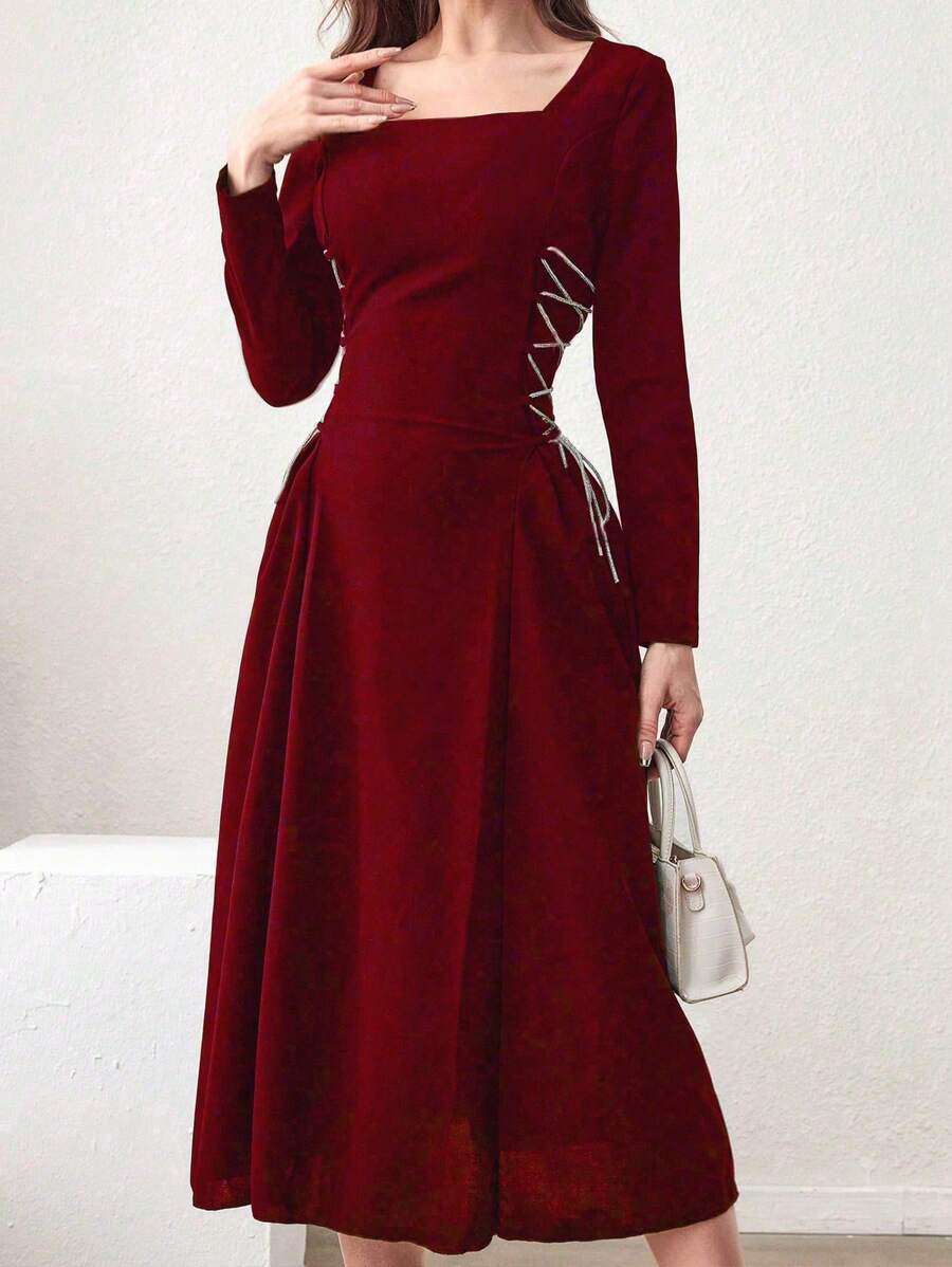 Modelyn Women's Spring/Summer Long Sleeve Square Neck Elegant Midi Dress With Side Waist Tied Bow For New Year Clothes Maxi Women Outfit Long Evening Dresses Fall Cloth For Women