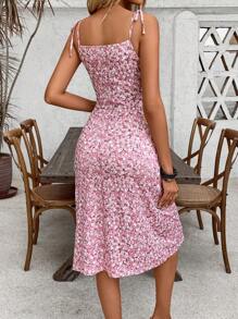 Breezaya Women's Summer Slim Strap Ditsy Floral Spaghetti Strap Dress With Split Hem Vacation Beach Outfit - Pink - View 2