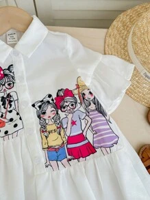 SHEIN Summer Baby Girl Cute Cartoon Printed Ruffle Collar Short Sleeve Dress - White - View 7