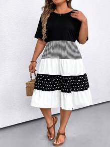 SHEIN LUNE Plus Size Women's Casual Summer Casual Dress With Striped, Polka Dot, And Printed Patchwork Design Half Sleeves Round Neckline Maxi Women Outfit - Black and White - View 1