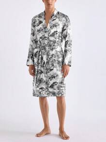 Men's Simple Daily Robe With Random Prints - Black and White - View 1