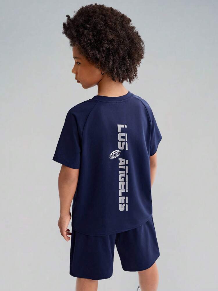 Tween Boy Knitted Solid Color Letter Print Design Short Raglan Sleeve T-Shirt And Shorts Two Pieces Set
