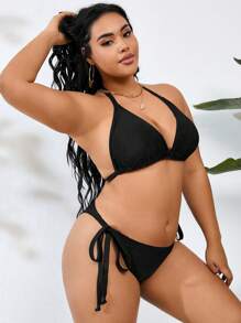 Swim Vcay Conjunto de bikini sencillo diario de talla grande de 3 piezas con unicolor, para playa o verano - Negro - Ver 5
