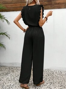 SHEIN Frenchy Women's Sleeveless Cropped Lace Top And Textured Fabric Two Pieces Set Black Summer Casual - Black - View 2