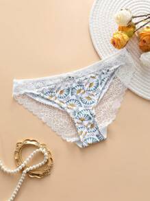 Pantalones cortos triangulares de encaje de contraste con estampado floral para mujer - Multicolor - Ver 5